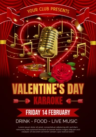 valentine's day karaoke flyer with golden vintage mic and gold musical notes A4 template