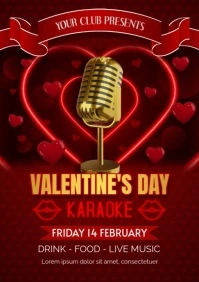 valentine's day karaoke flyer with golden vintage mic, heart tunnel animation and and red hearts A4 template
