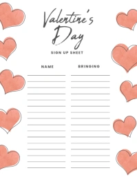 Valentine's Day sign up potluck sheet Flyer (US Letter) template