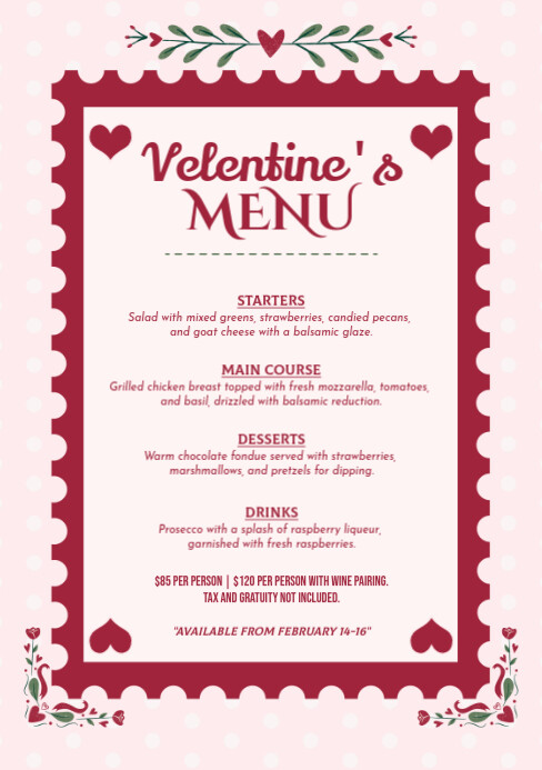 Valentine's Menu A5 template