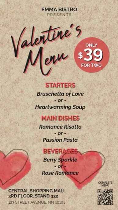 Valentine's Menu Digital Signage Vertical Screen Instagram Story template