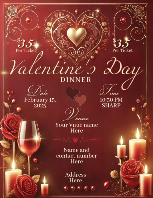 Valentine’s Dinner Flyers Folheto (US Letter) template