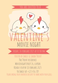 Valentine's chicken movie night invitation A5 template