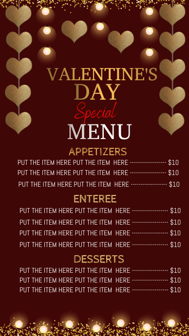 Valentine's day dinner menu digital display template