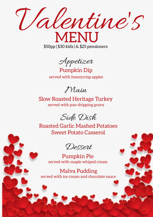 valentine's day DINNER MENU template | PosterMyWall