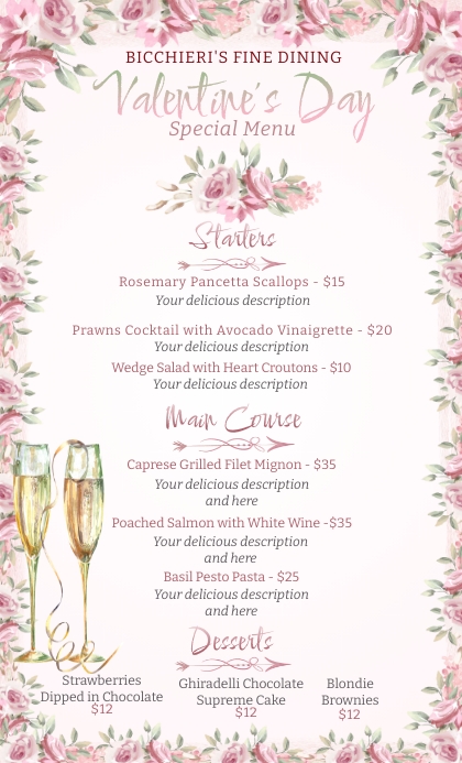 Valentine's Day Menu US Legal Size 美国正规 template