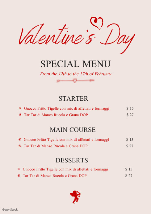 Valentine's day minimal menu template design A4
