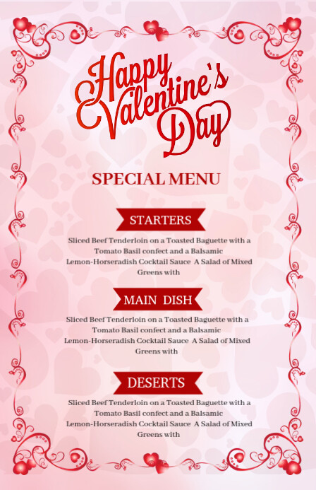 Valentine's Day Party Menu Template Szeroki pół strony