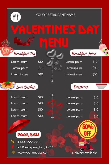 valentine's day restaurant menu flyer Poster template