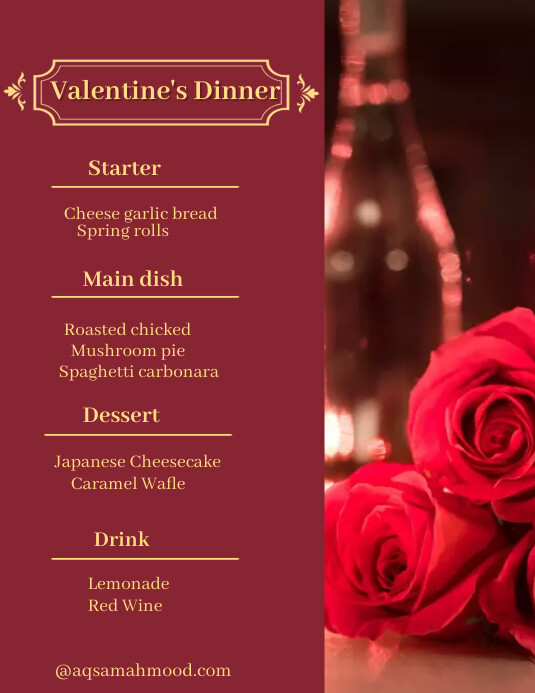 Valentine's day special restaurant menu flyer template