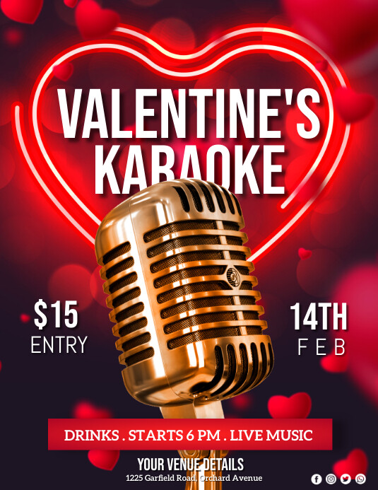 valentine's karaoke, valentine's day party Ulotka (US Letter) template