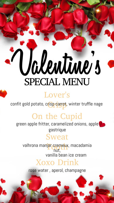 valentine's menu, valentine, menu Digital Display (9:16) template