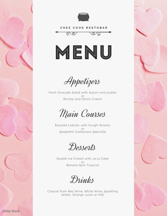 Valentine's Romantic Elegant Menu Templates Ulotka (US Letter)