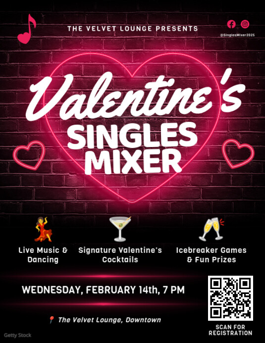 Valentine's Single's Mixer Neon Flyer Ulotka (US Letter) template