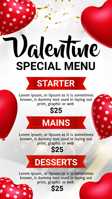 valentine menu, valentine special menu Display digitale (9:16) template