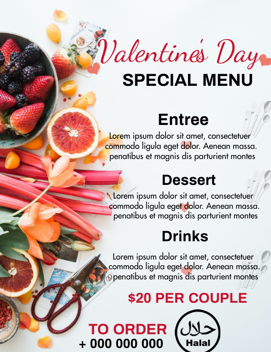 Valentine Menu Folheto (US Letter) template