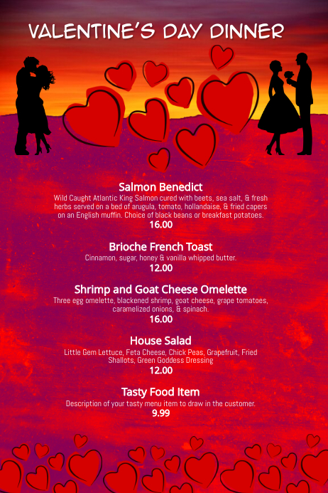 valentines day dinner menu template Плакат