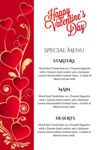 Valentines day Menu Card Half Page Wide template