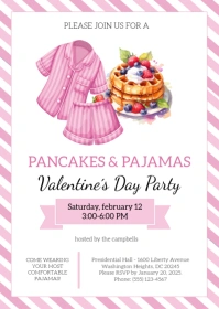 Valentines Day Pancakes and Pajamas Invitation Editable Template A6