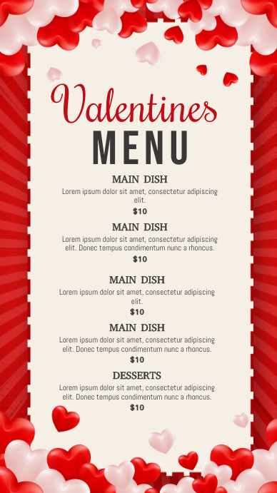 Valentines menu, Menu, Food flyer Instagram Story template