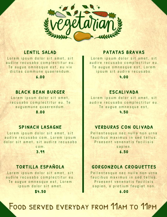Plantilla de Menú Imprimible de Restaurante Vegetariano Vegano ...