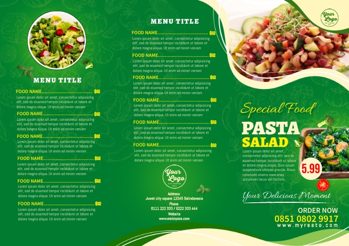 Vegetarian Restaurant Bifold Food Menu Flyer A4 template