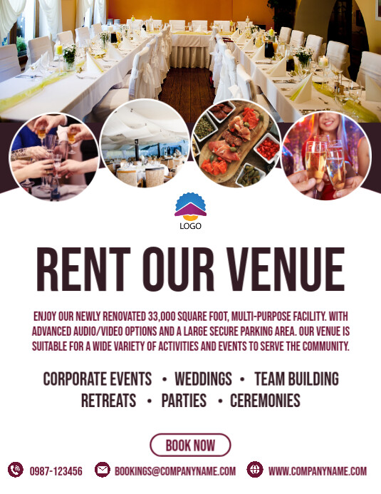 Venue for hire, venue for rent, event venue Flyer (US Letter) template