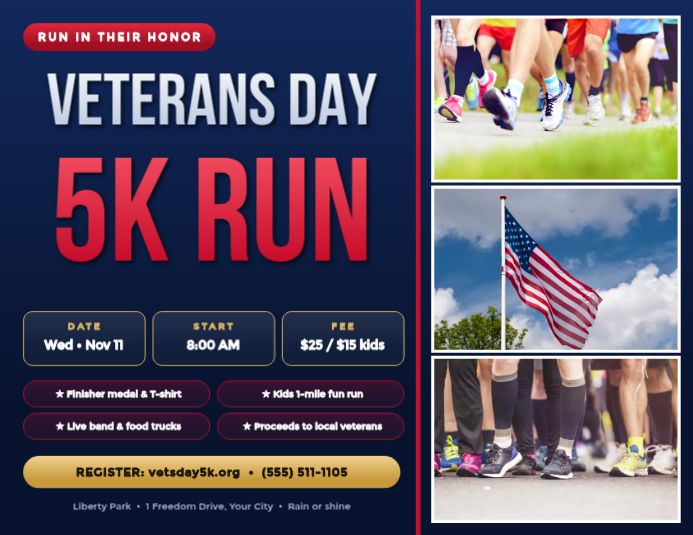 Plantilla de Veterans Day 5k Run Folletos | PosterMyWall