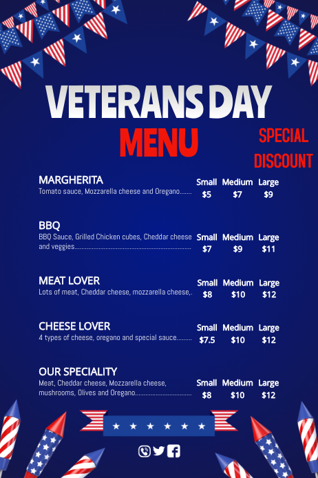 Vets Menu Topper Veterans day menu bar Template | PosterMyWall