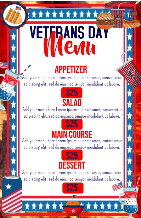 veterans day menu card,veterans day menu (1) Half Page Wide template