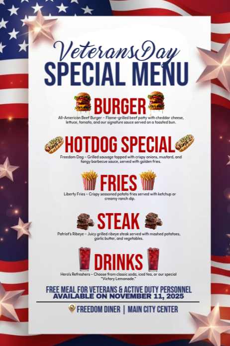 Vets Menu Topper Veterans Day Restaurant Menu Template | PosterMyWall