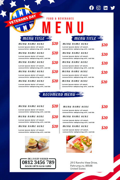 Vets Menu Topper Veterans Menu Template เทมเพลต | PosterMyWall
