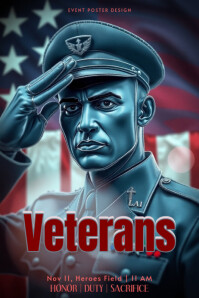 veterans tribute poster design with metallic wire soldier portrait and abstract patriotic bokeh template