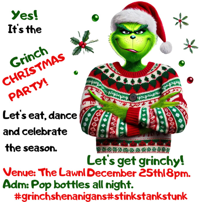 Artistic Red & Green Grinch Christmas Party Flyer Invitation Instagram Post 2024 template