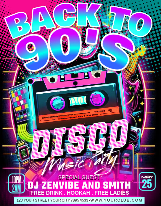 Vintage Back To 90's Disco Party Poster/wallboard template