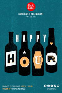 Vintage Bottles Retro Happy Hour  Bar Promo Flyer Poster Template