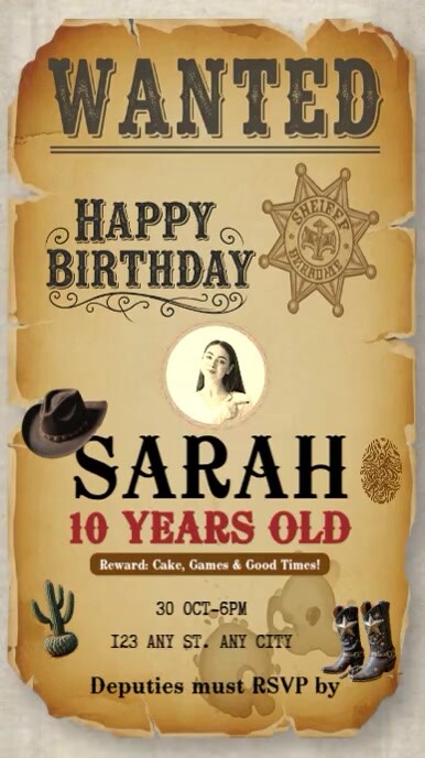 Vintage Editable Wanted Poster Birthday Invitation | Wild West Cowboy ...
