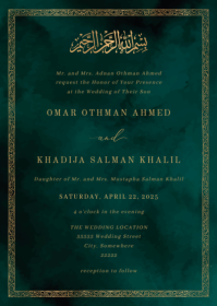 Vintage Ornament Gold Green Velvet Islamic Muslim Wedding Invitation Design Template A6