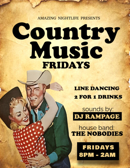 Vintage Scroll Paper Country Music Night Ulotka (US Letter) template