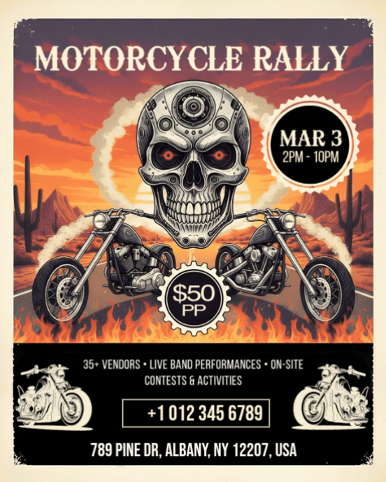 Vintage skull motorcycle rally & biker festival event flyer template ...