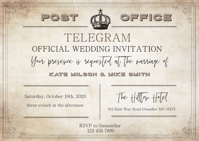Vintage Telegram Style Wedding Invitation Template | PosterMyWall