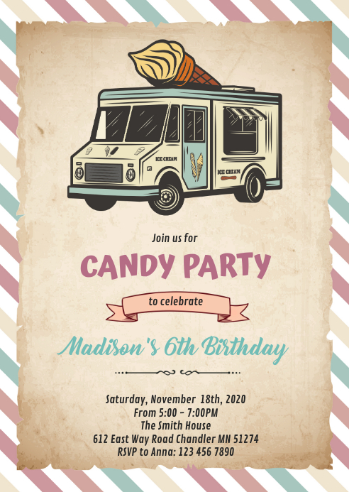 Vintage truck ice cream theme invitation A6 template