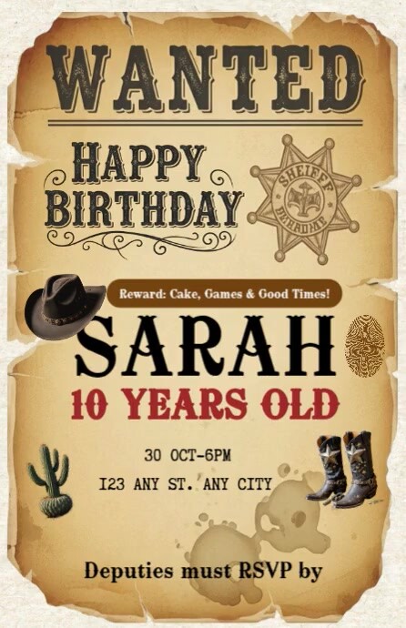 Plantilla de Vintage Wild West Wanted Poster Birthday Invitation ...