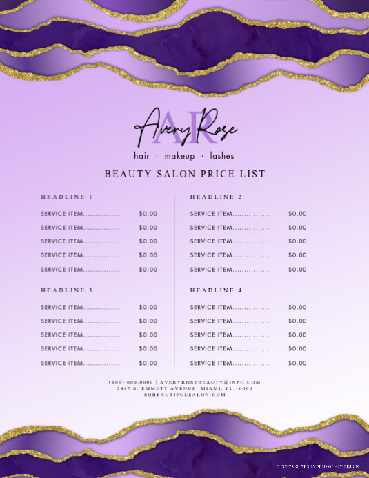 Violet Gold Glitter Marble Agate Beauty Salon Price List Flyer template