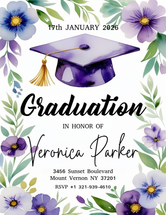 Copy of violet graduation cap floral graduation invitation | PosterMyWall