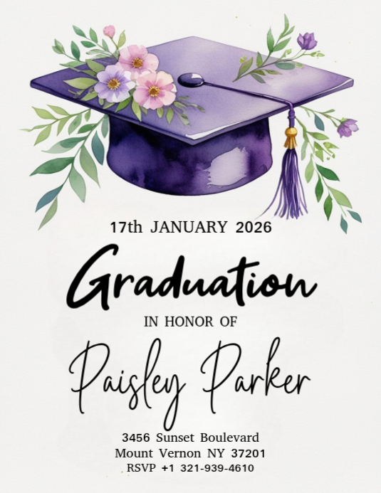 violet graduation cap floral graduation invitation Template | PosterMyWall