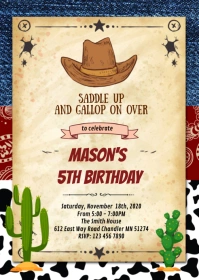 Wanted cowboy birthday party invitation A6 template