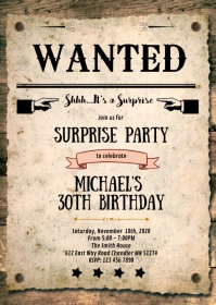 Wanted cowboy western party invitation A6 template