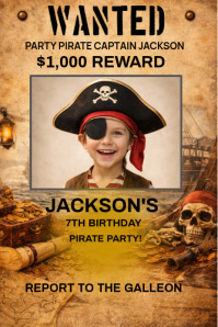 Wanted Pirate Birthday Flyer | Kids Pirate Party Invitation Pinterest Graphic template