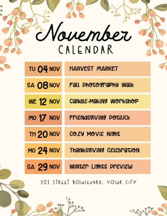 November Events Calendar Flyers Template | PosterMyWall